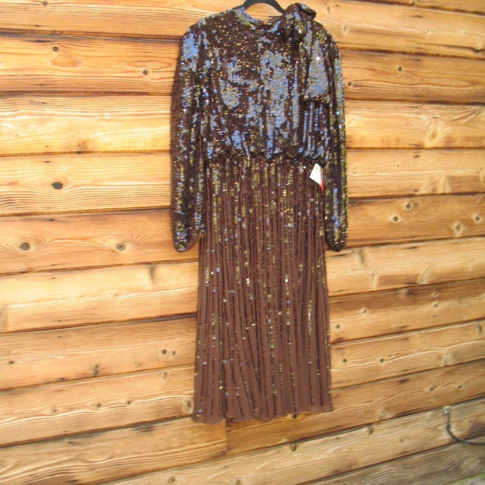 NWT Mac Duggal LONG SLEEVE TEA LENGTH DRESS Brown Size 16 93642 - Picture 7 of 14